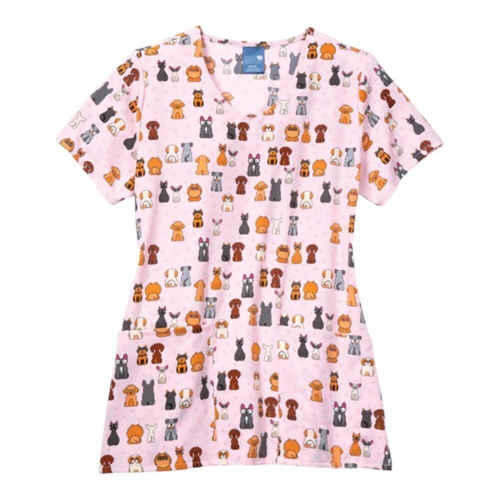 Zoe and Chloe Womens Floofster V-Neck Scrub Top Dogs Pink Small NWT